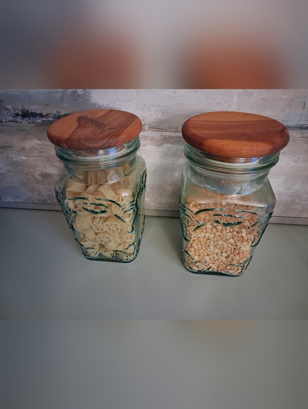 Italy Ornate Blue Green Canisters Wood Lids Set Of 2